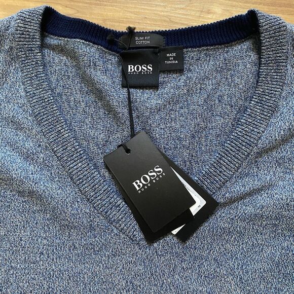 NWT HUGO BOSS Black Label Mens L Blue Slim Fit V-Neck Knit Sweater Jumper Preppy - Picture 6 of 16